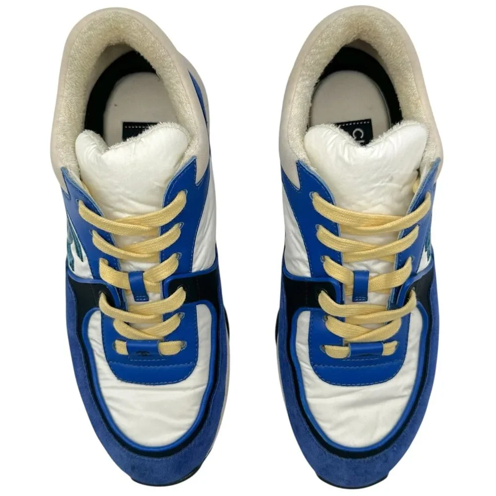 Chanel Cobalt Blue & Butter Yellow Logo Sneakers